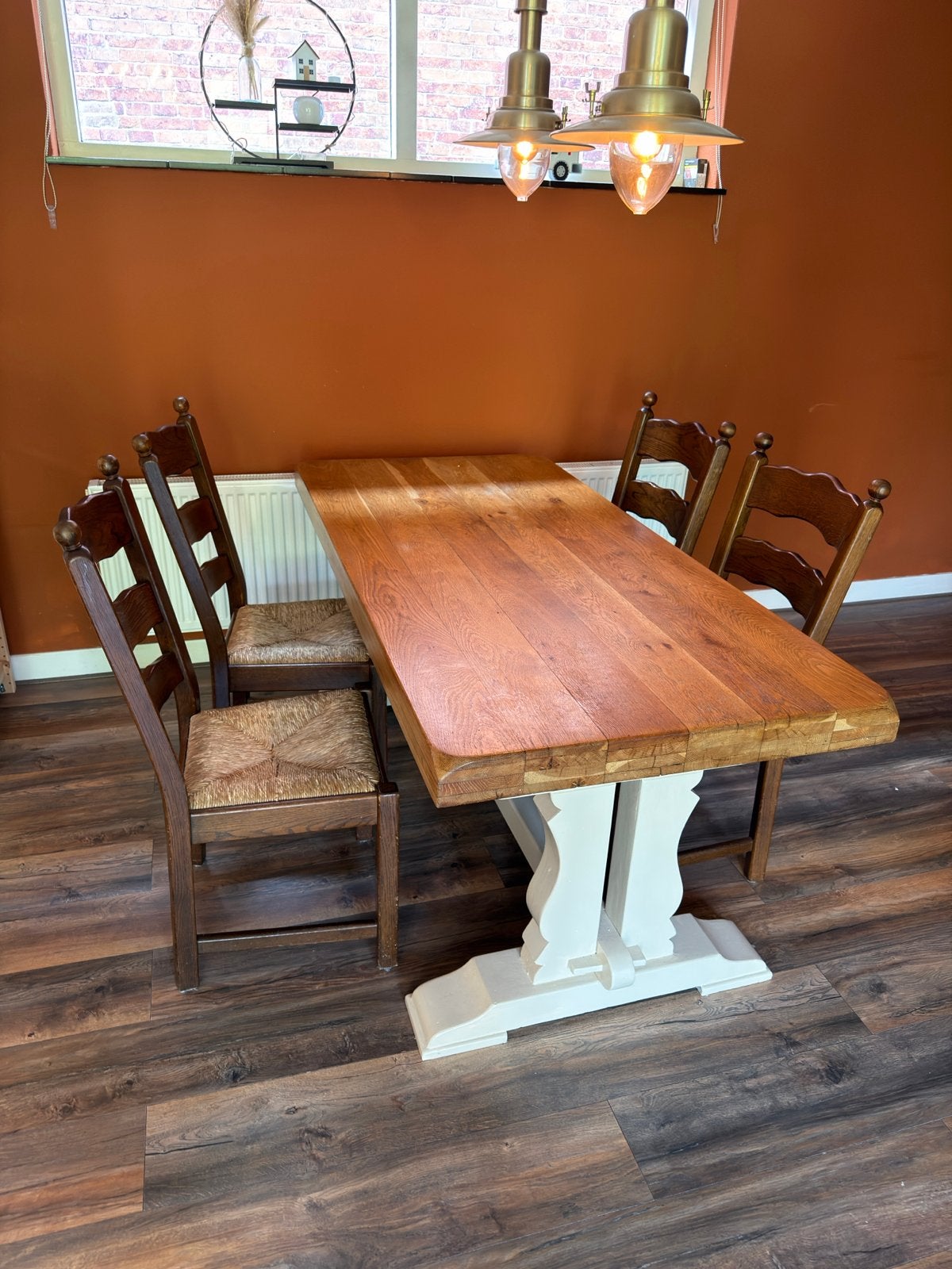 Massieve Kloostertafel 140x80 met 5 stoelen, Ophalen, Gebruikt, 100 tot 150 cm, 50 tot 100 cm