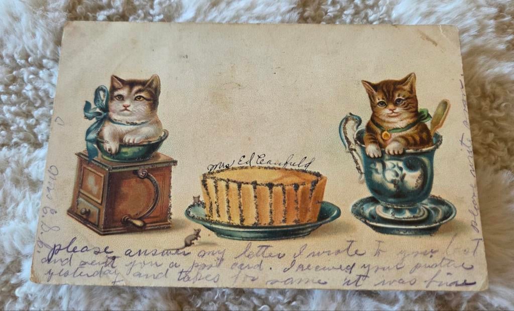 Twee poezen in kopjes naast cake, Verzenden, 1920 tot 1940, Gelopen, Kinderen