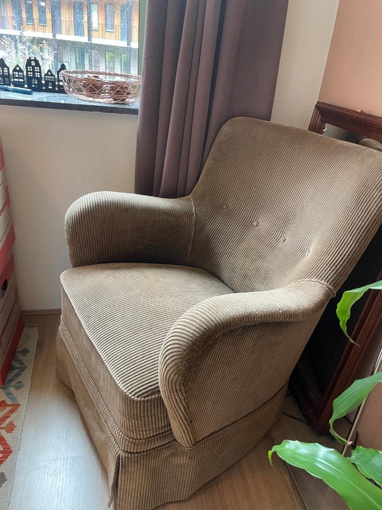 Comfortabele Ribstof Fauteuil - Beige/Bruin, Ophalen, 75 tot 100 cm, Zo goed als nieuw, Retro/country chic