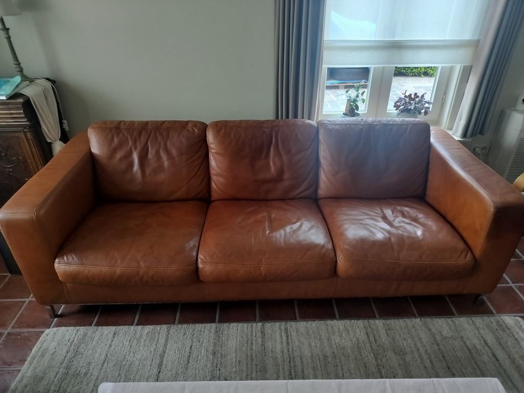 Bank Massimo 3.5 zits cognac leder Goossens, Ophalen, Gebruikt, Driepersoons, Rechte bank