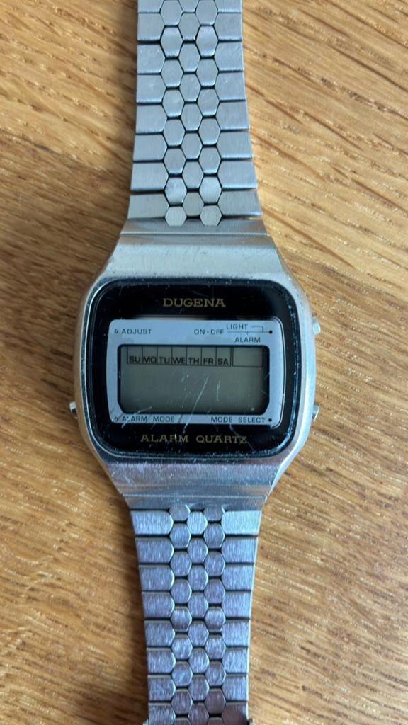 Vintage Dugena LCD Alarm Quartz, Sieraden, Tassen en Uiterlijk, Horloges | Antiek, Staal, Met bandje, 1960 of later, Ophalen