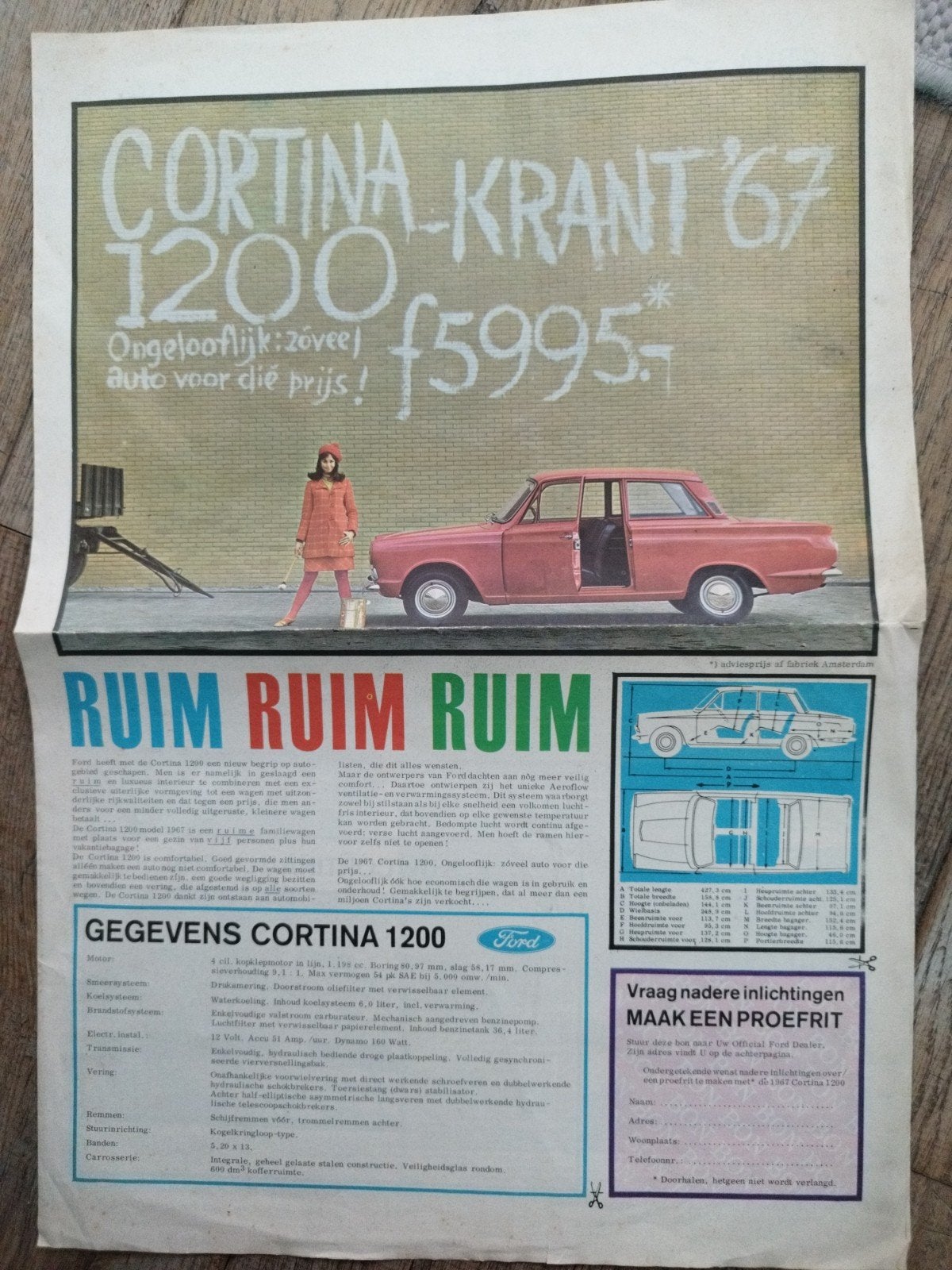 Ford Cortina 1200 Krant '67 - Originele Autoreclame, Gelezen, Ford, Ophalen of Verzenden, Ford