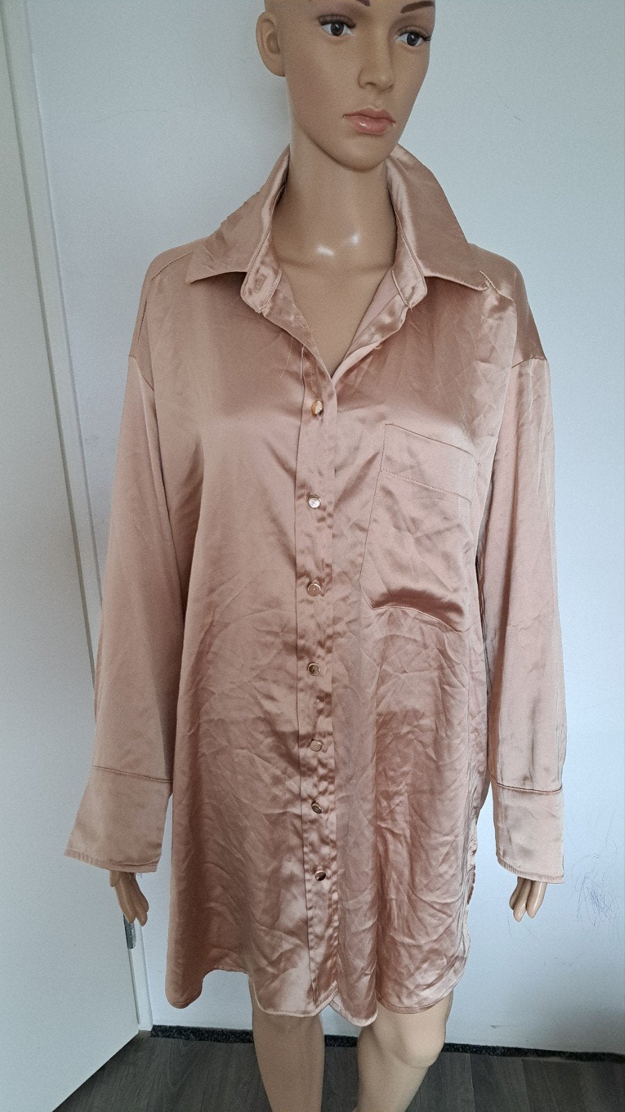 ZETA OTTO Satijnen Blouse Jurk - Beige Lange Mouw, Maat 38/40 (M), Beige, ZETA OTTO, Ophalen of Verzenden