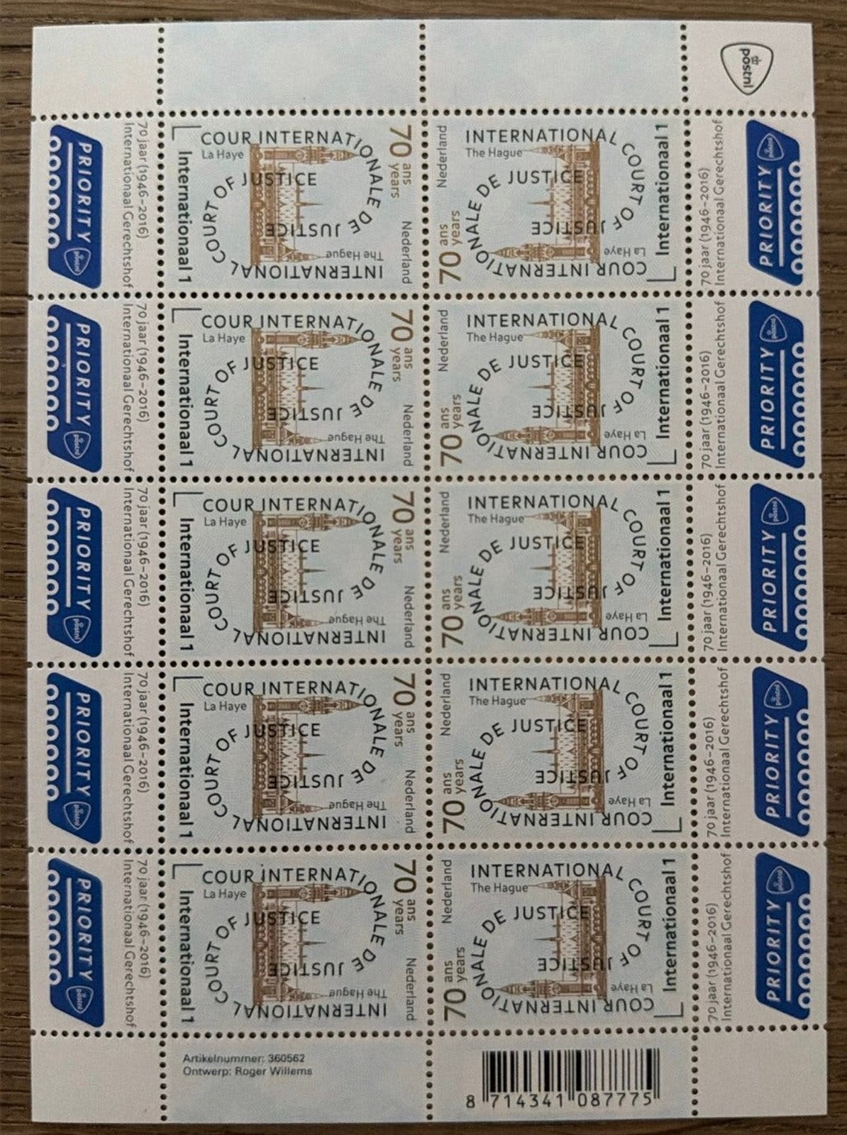 * postzegels pf. Prio. 2016. International Court of Justice, Ophalen of Verzenden, Na 1940, Postfris