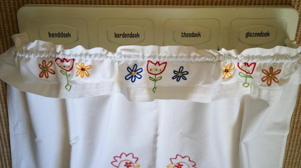 vintage overdoek voordoek borduur 100% wit katoen, kip + rek, Ophalen of Verzenden, Gebruikt