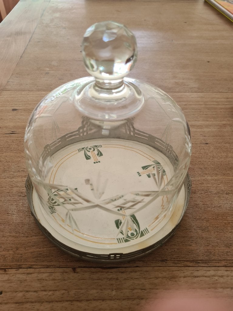 Vintage glazen stolp met plateau, Ophalen, Gebruikt, 15 cm, Met plateau