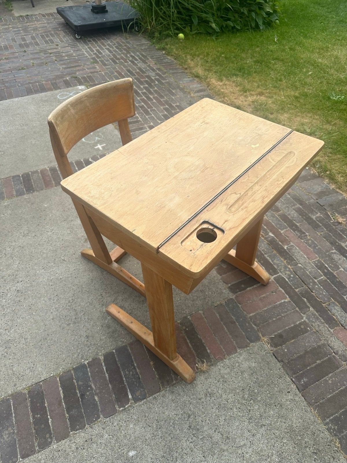 Vintage houten schoolbank met stoel, Antiek en Kunst, Antiek | Kantoor en Zakelijk, Ophalen