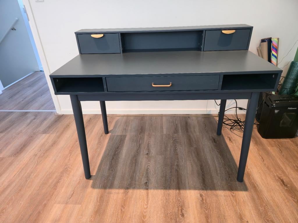 Donkerblauw bureau met opbouw en lades - Maison du Monde, Ophalen, Gebruikt, 100 tot 150 cm, Rechthoekig