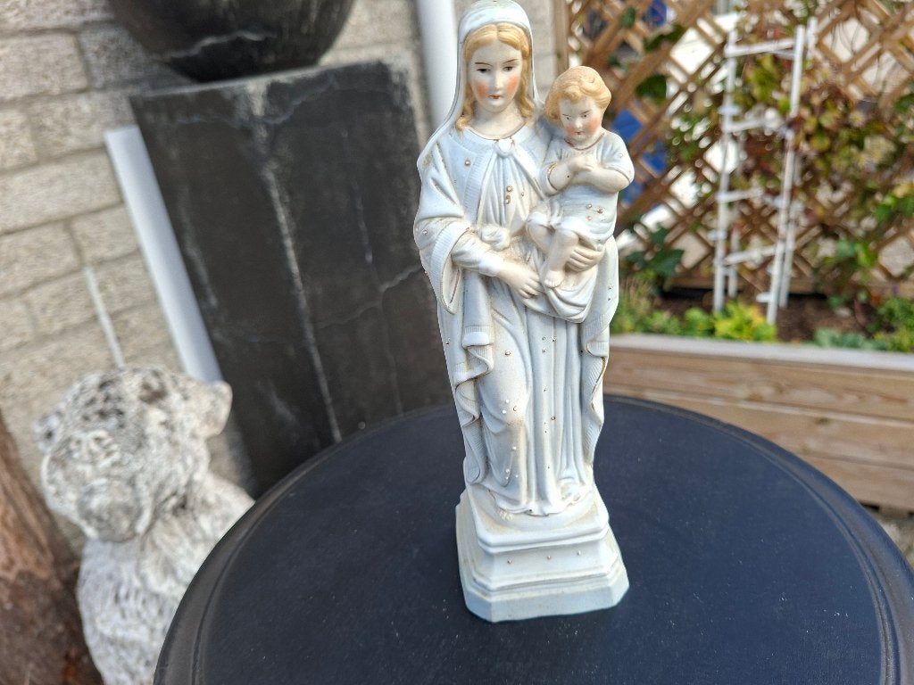 antiek porseinen beeld Maria met baby christus op voet, Antiek en Kunst, Ophalen of Verzenden