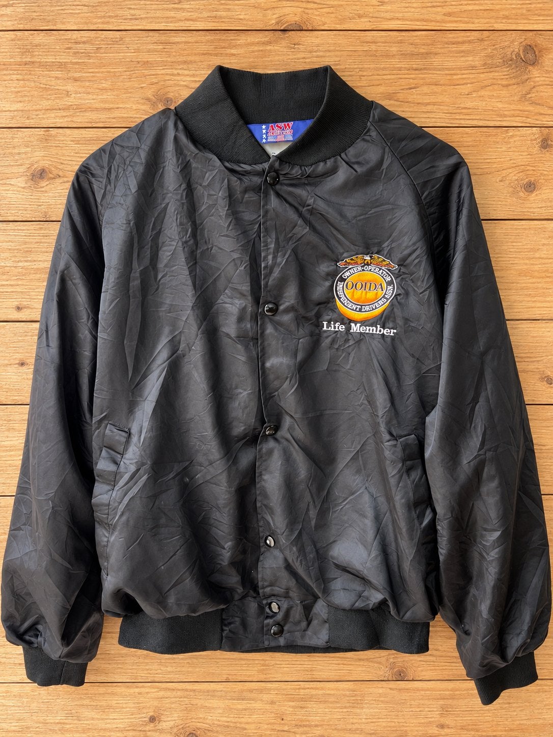 Vintage ASW Satin Bomber Jacket Zwart USA90s Trucker -Maat L, Ophalen of Verzenden, Zo goed als nieuw, Zwart