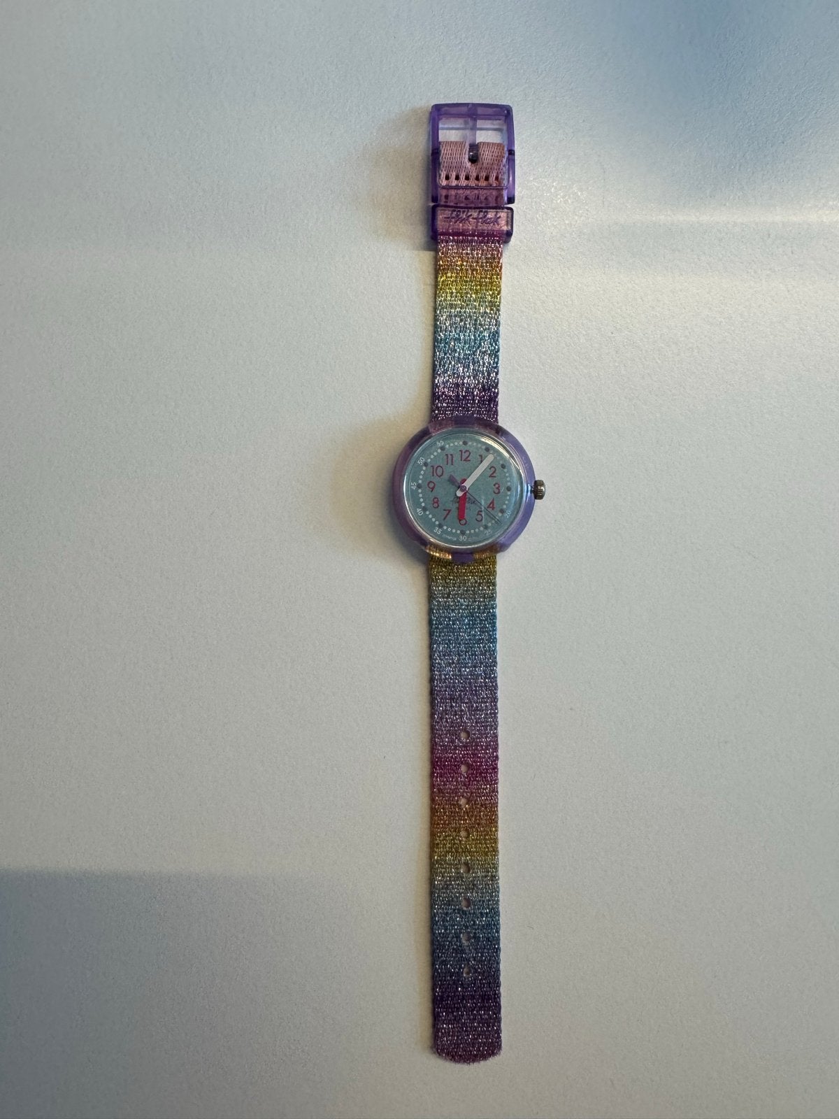 Swatch Flik Flak Regenboog Horloge met Glitters, Ophalen of Verzenden, Zo goed als nieuw, Meerkleurig, Meisje