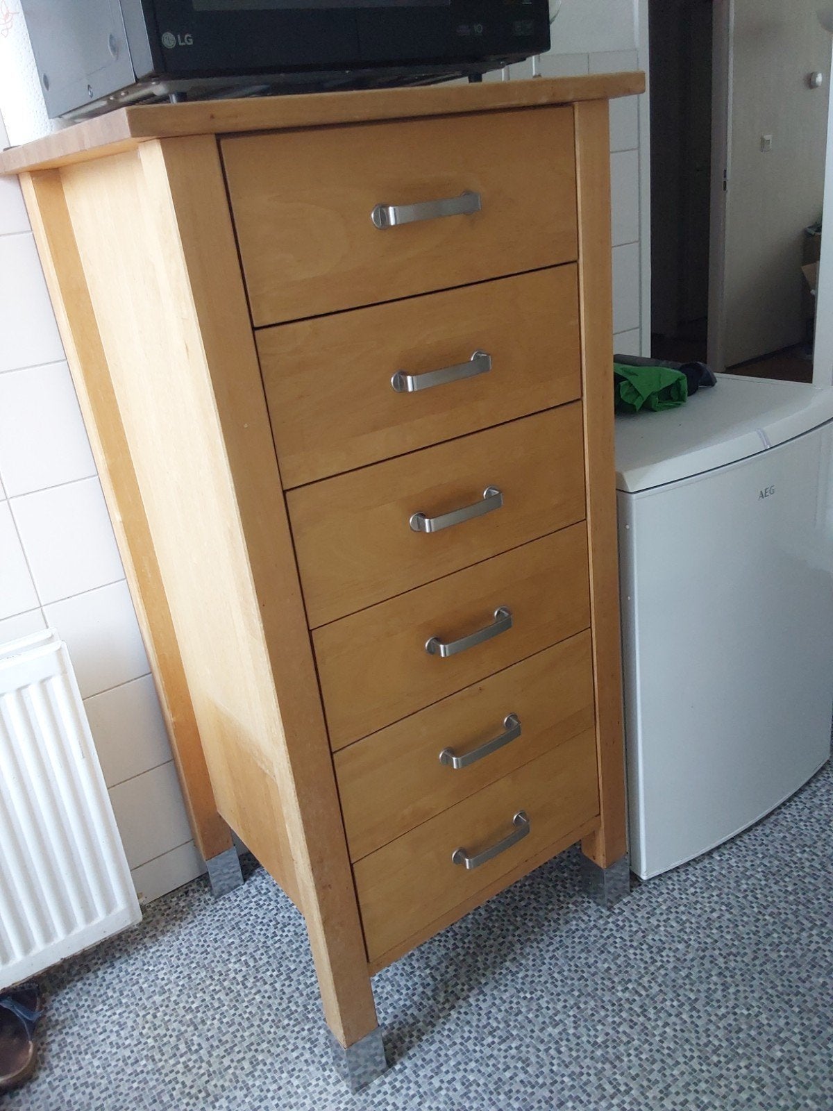Massief houten hoge ladekast met 6 laden, Huis en Inrichting, Kasten | Ladekasten, Gebruikt, 5 laden of meer, 100 tot 150 cm, 50 tot 100 cm