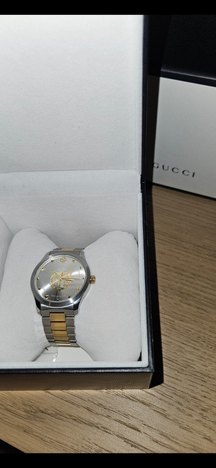 Gucci G-Timeless horloge met kattenkop, zilver/goud, Ophalen, Zo goed als nieuw, Staal, Overige merken