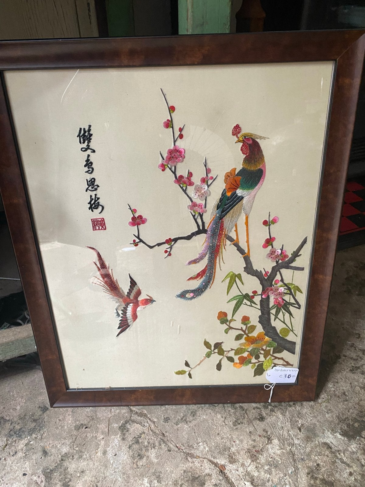 Vintage Chinees zijden borduurwerk met vogels en bloemen, Ophalen of Verzenden