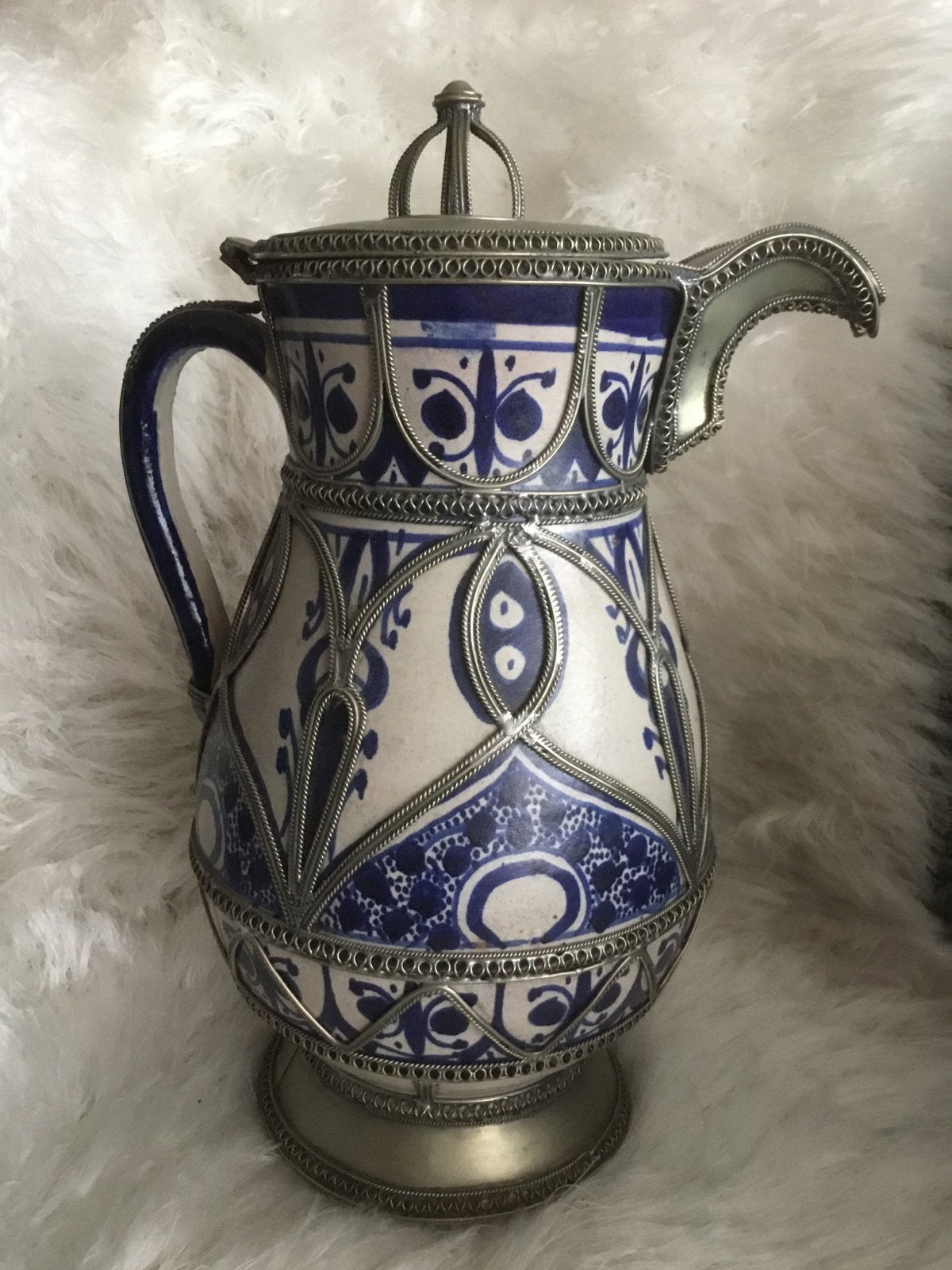 Antieke Marokkaanse schenkkan/kruik, blauw-wit keramiek, Antiek en Kunst, Antiek | Vazen, Ophalen of Verzenden