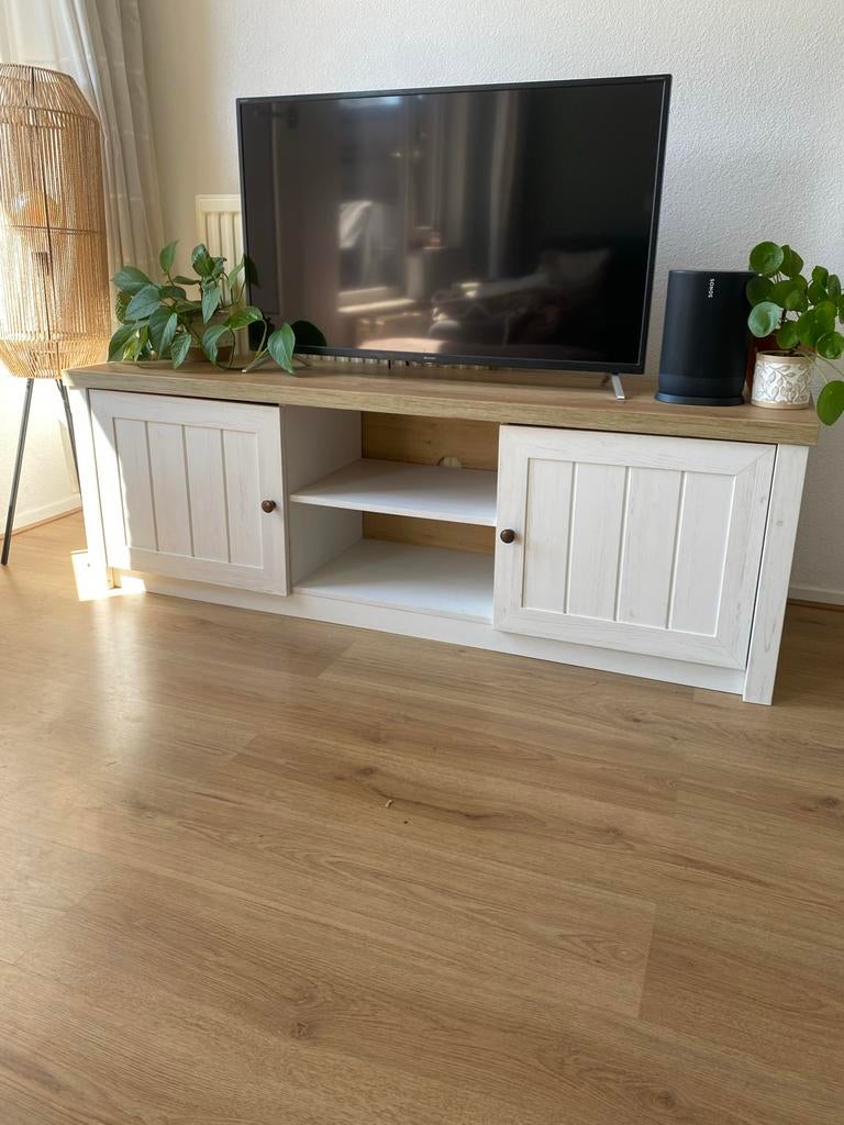 TV-meubel wit/wild naturel eiken kleur - 160x54x43 cm, Ophalen, 150 tot 200 cm, Eikenhout, Zo goed als nieuw
