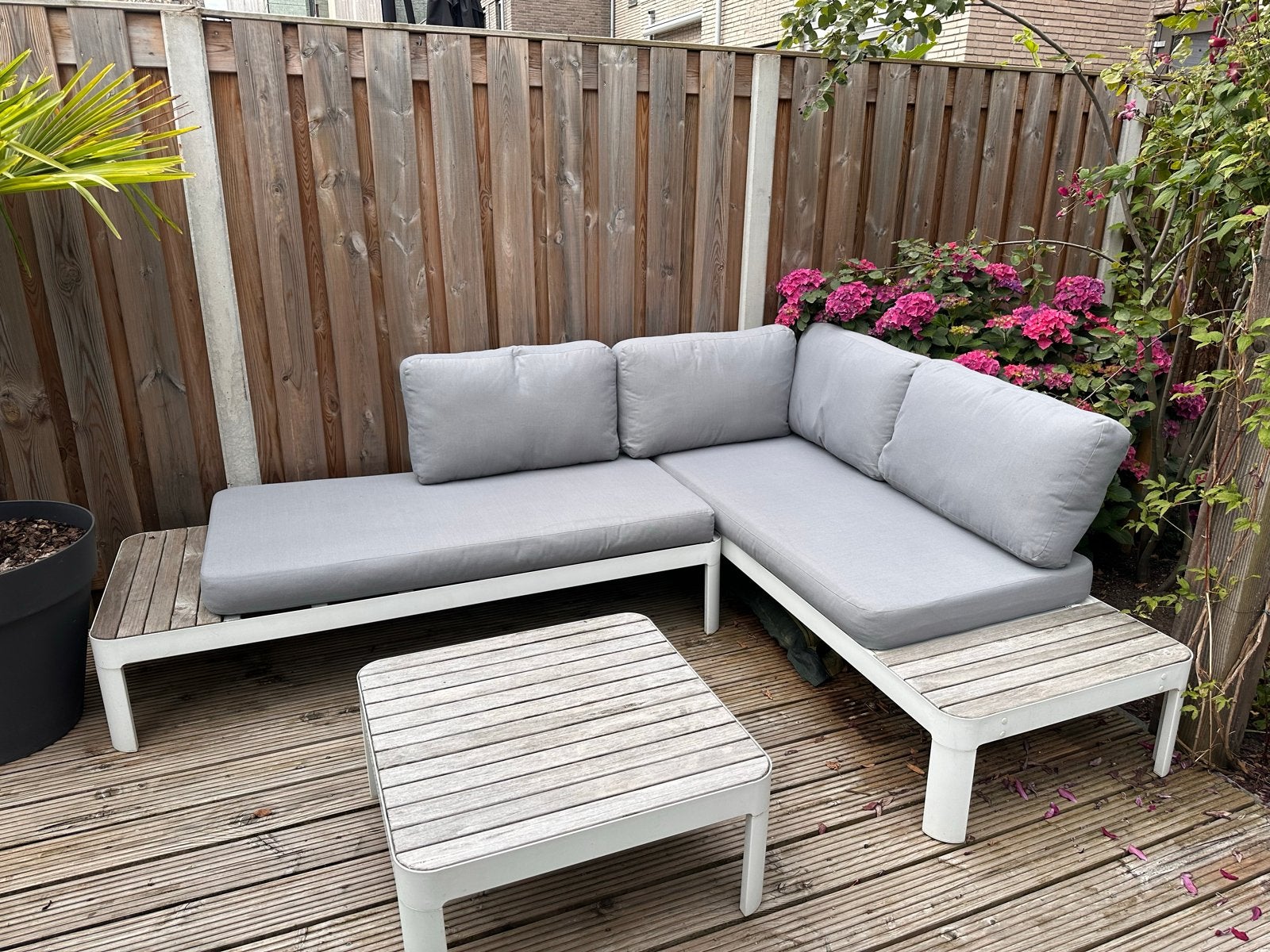 Loungeset met Wit Aluminium Frame en Hout, Ophalen, 4 zitplaatsen, Gebruikt, Aluminium