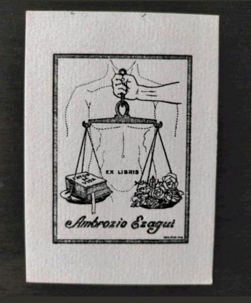 Exlibris Ambrozio Ezagui (medici, weegschaal, roos, hand), Antiek en Kunst, Kunst | Etsen en Gravures, 10 cm, 7 cm, Origineel