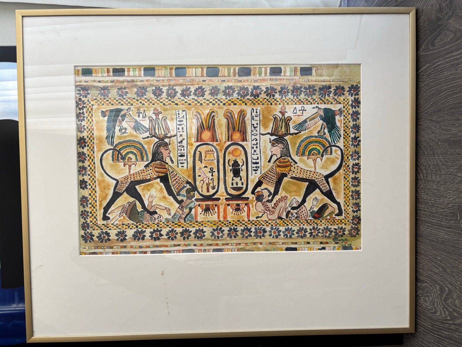 Ingelijste Egyptische papyrus met hiërogliefen, Ophalen, Schilderij, Papier/karton, Meerkleurig