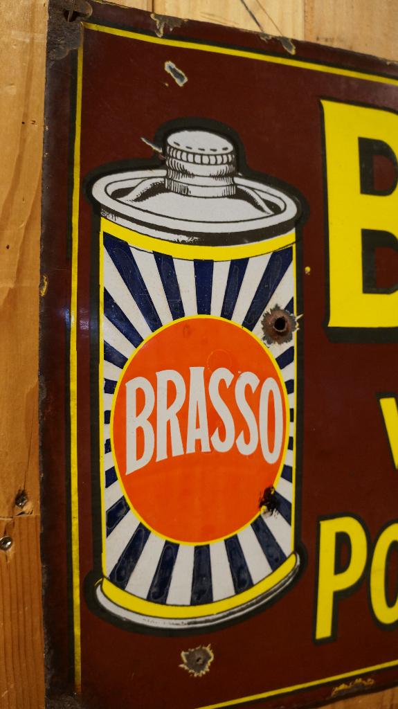 Antiek emaille Brasso Reclamebord Vloeibaar Poets Extract 19, Ophalen of Verzenden, Gebruikt, Reclamebord