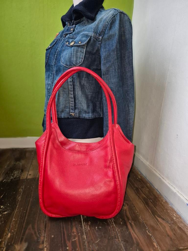Jil Sander rode leren schoudertas, Minder dan 40 cm, Minder dan 35 cm, Zo goed als nieuw, Rood
