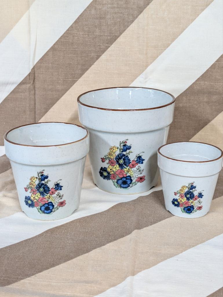 Set van 3 bloempotten met bloemenprint, Gebruikt, Rond, Ophalen of Verzenden, Balkon