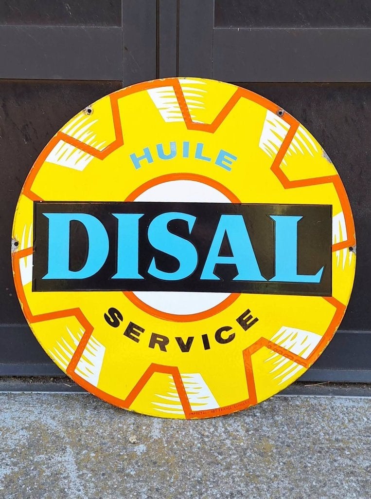 Dubbelzijdig emaille reclamebord van Huile Disal Service., Reclamebord, Gebruikt, ., Ophalen of Verzenden