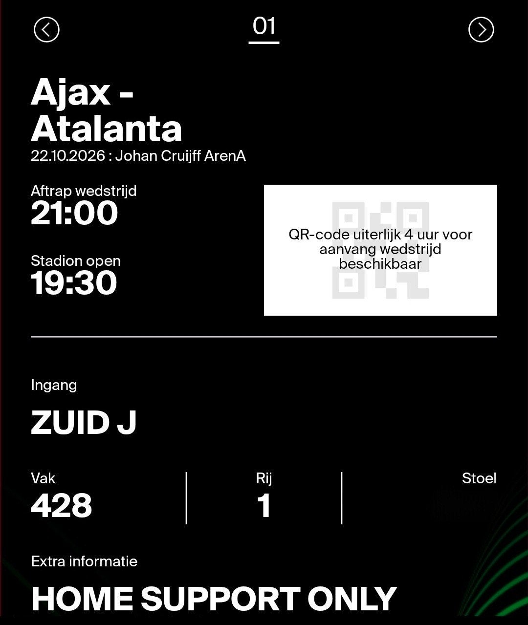 1 kaart Ajax - Atalanta, vak 428, rij 1 boven F-Side, Tickets en Kaartjes, Eén persoon