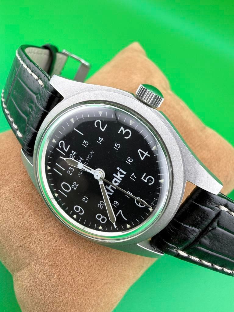 Zeldzaam Hamilton Khaki Military vintage horloge, Ophalen, Zo goed als nieuw, Leer, Overige merken