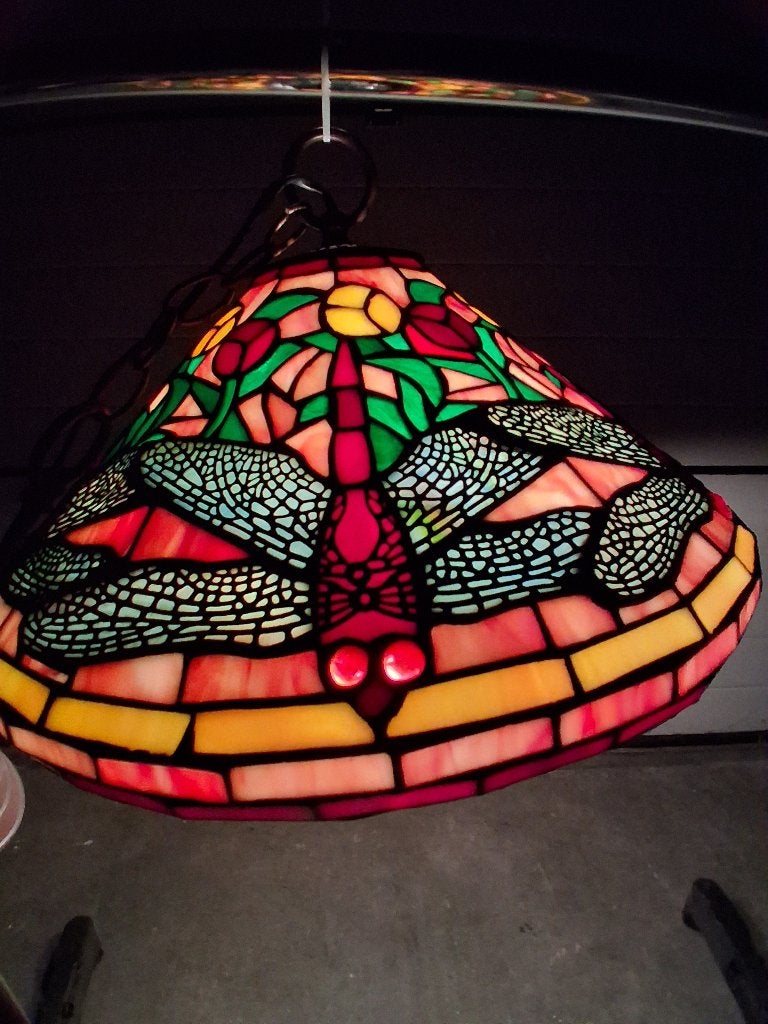 Prachtige Tiffany Hanglamp Libelle Glas-in-lood, Gebruikt, Tiffany lamp, Ophalen of Verzenden, Glas