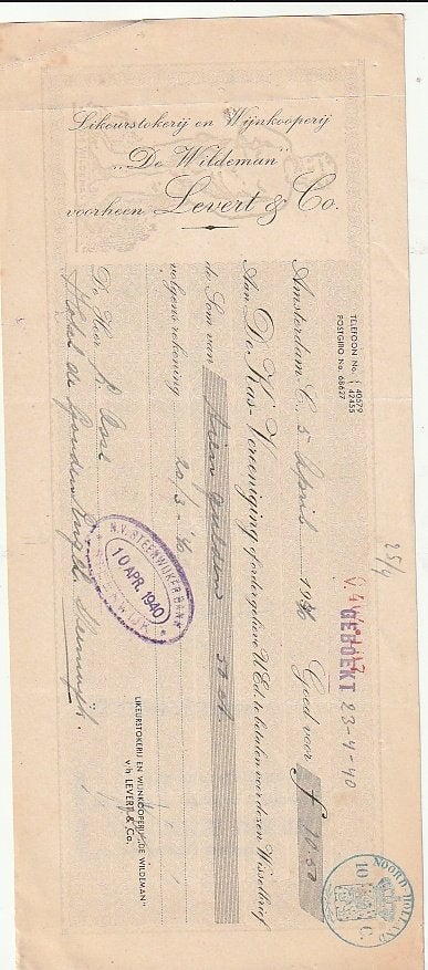 distilleerderij De Wildeman Levert  Amsterdam wissel  1940, Ophalen of Verzenden, Zo goed als nieuw, Overige typen