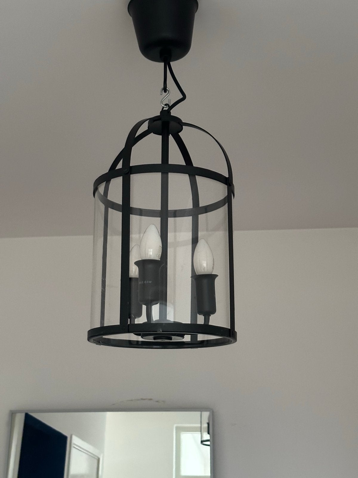 Zwarte hanglamp met glazen cilinder en 3 lichtpunten, Ophalen, Zo goed als nieuw, Glas, E14 (klein)