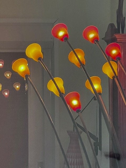 Vintage vloerlamp met 10 gekleurde kelkjes, Ophalen