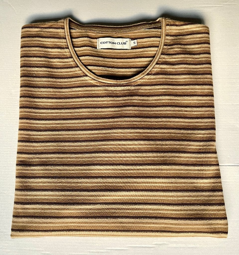 bruin-beige-goud gestreept katoenen T-shirt van Cotton Club, Kleding | Dames, T-shirts, Bruin, Ophalen of Verzenden, Zo goed als nieuw