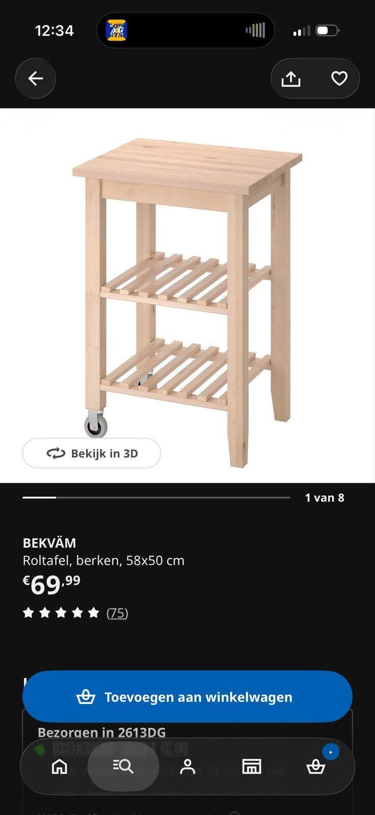 IKEA BEKVÄM Roltafel, berken, 58x50 cm, Ophalen, Gebruikt, 55 tot 75 cm, 60 cm of meer
