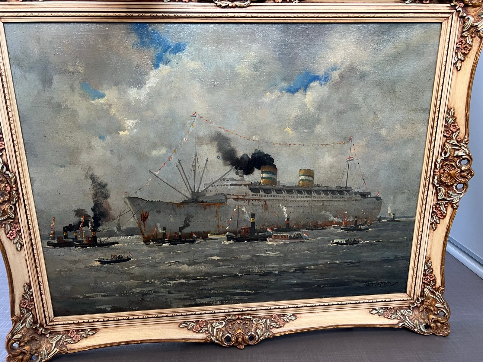 HP Groen -  SS Amsterdam terugkeer Rotterdam, Antiek en Kunst, Maritiem / water, Doek, Realistisch, Ophalen of Verzenden