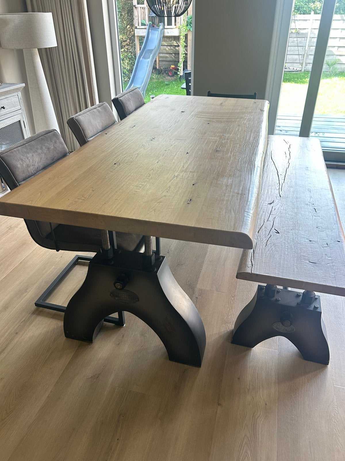 Eikenhouten tafel met eetbank en 3 stoelen (De Bomme, Huis en Inrichting, Eikenhout, Ophalen of Verzenden, Zo goed als nieuw, Vijf personen of meer