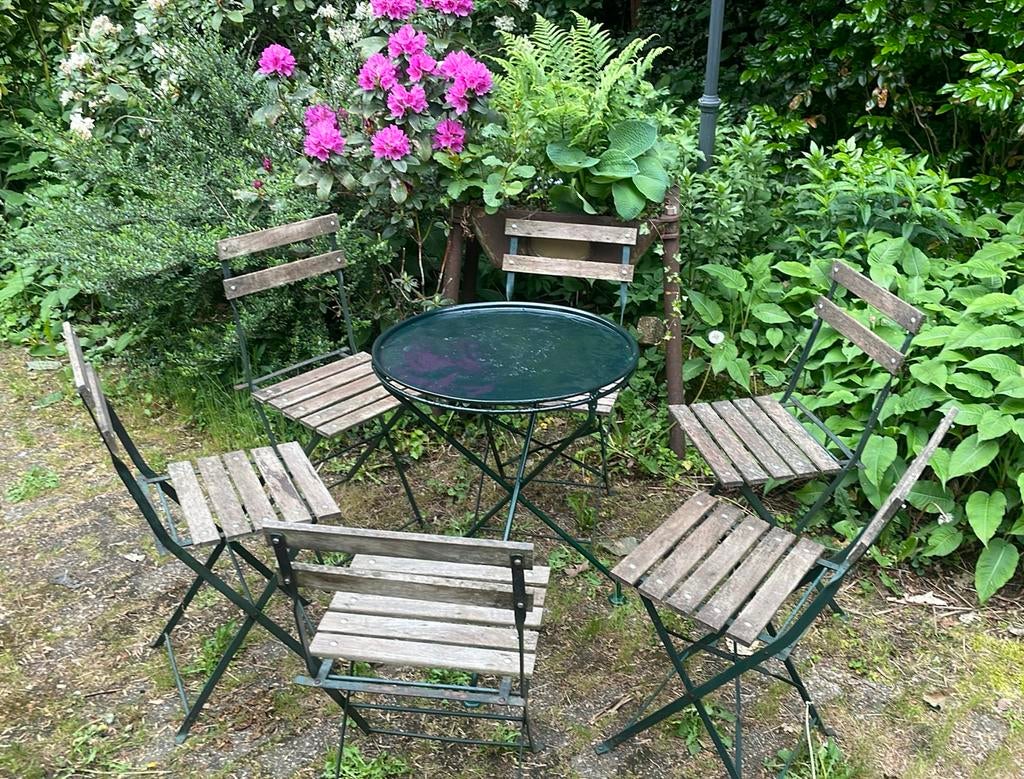 Vintage bistroset: 1 tafel, 6 stoelen, Ophalen of Verzenden, Gebruikt, Metaal, Inklapbaar