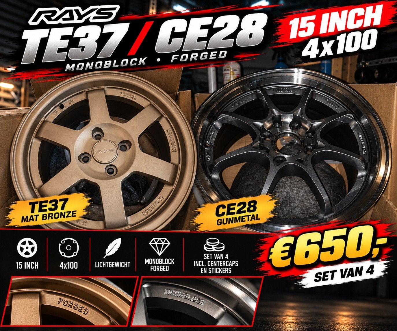 Velgen 15 inch 4x100 rays volk racing look Te37 ce28, Auto-onderdelen, Ophalen, 15 inch, Velg(en), Nieuw