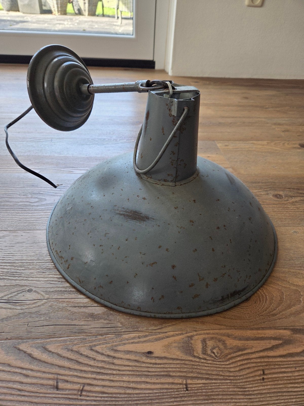 Industriële hanglamp, blauw metaal, Ophalen, Gebruikt, E27 (groot), Metaal