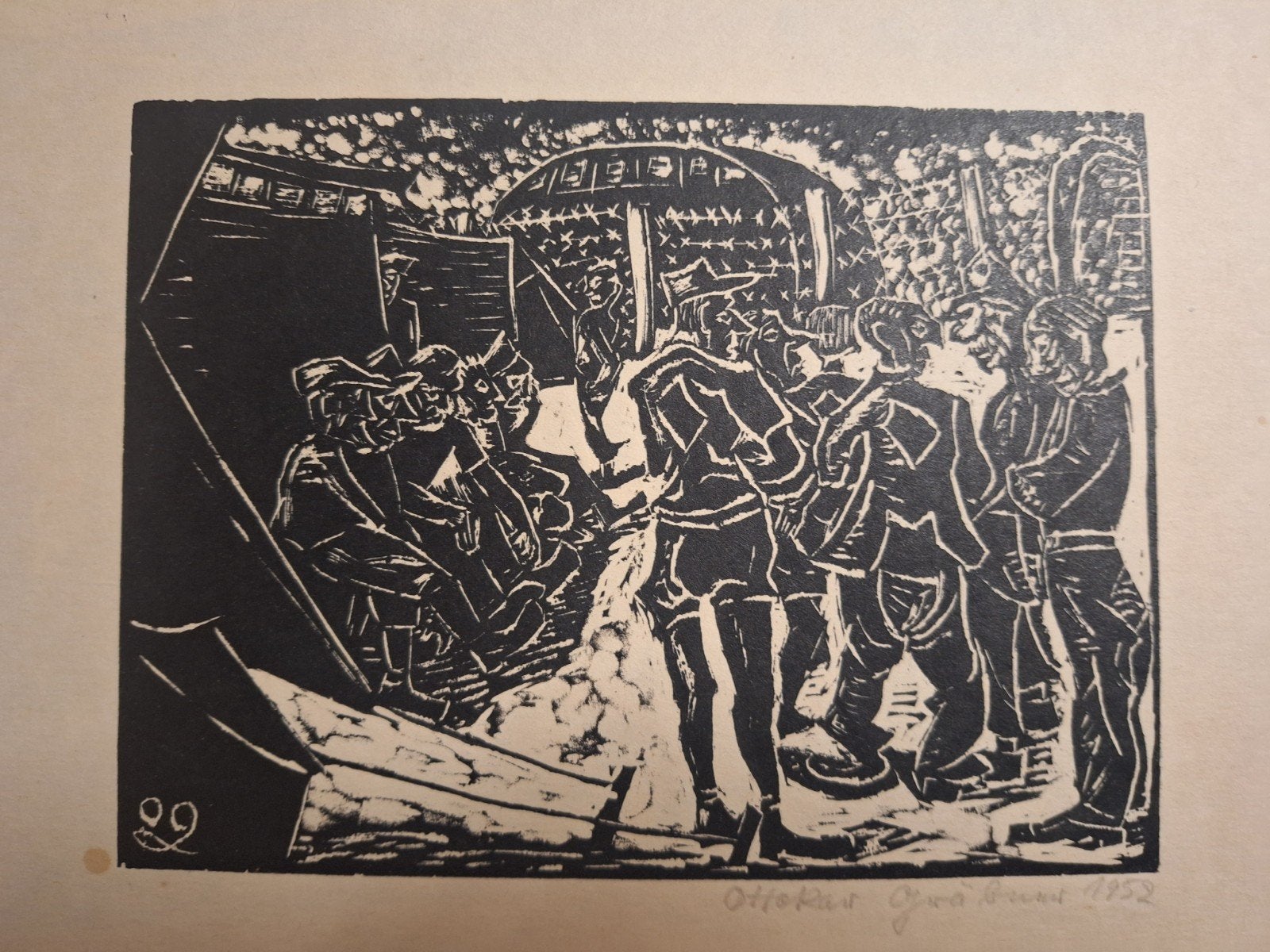 Houtsnede door Otto Grabner - gevangen kamp1952, Antiek en Kunst, Ophalen of Verzenden, Houtsnede, Gesigneerd, 1950 - 1999