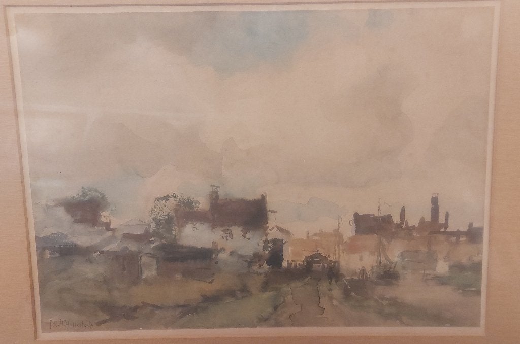 Stadsgezicht Jac. Hollestelle, Antiek en Kunst, Kunst | Schilderijen | Klassiek, Ophalen, Impressionistisch, Aquarel, Origineel werk
