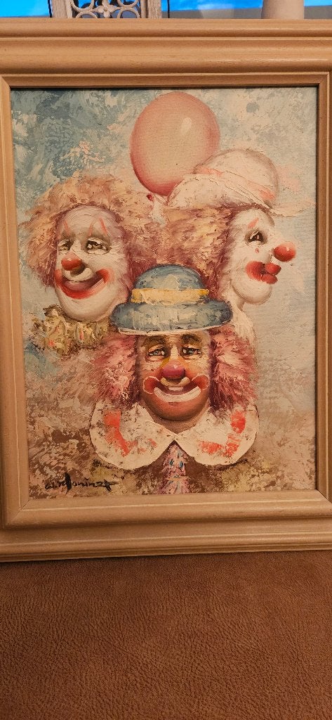 Schilderij met 3 clowns van W. Moninet, Ophalen of Verzenden, Gesigneerd, Olieverf, Figuren