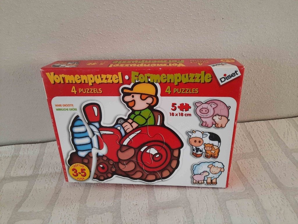 Vormenpuzzel van Diset met 4 puzzels. tractor, koe, schaap, Ophalen of Verzenden, Meer dan 50 stukjes, Gebruikt, 6 maanden tot 2 jaar