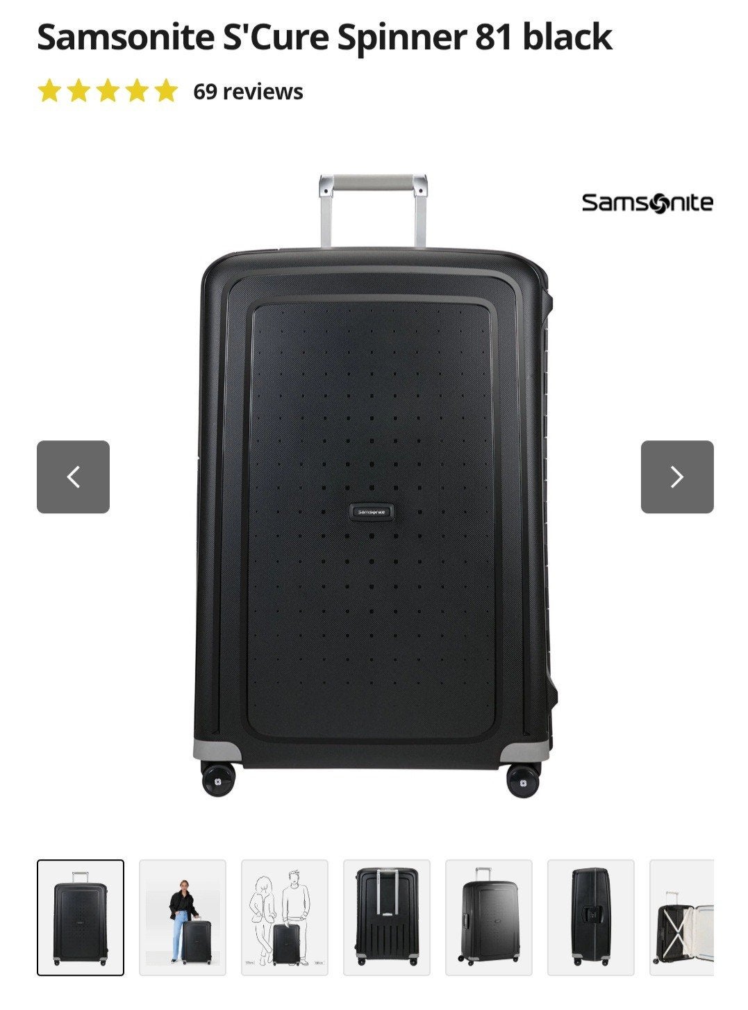 Samsonite S'Cure Spinner 81 Zwarte Koffer, Ophalen, Wieltjes, Gebruikt, Hard kunststof