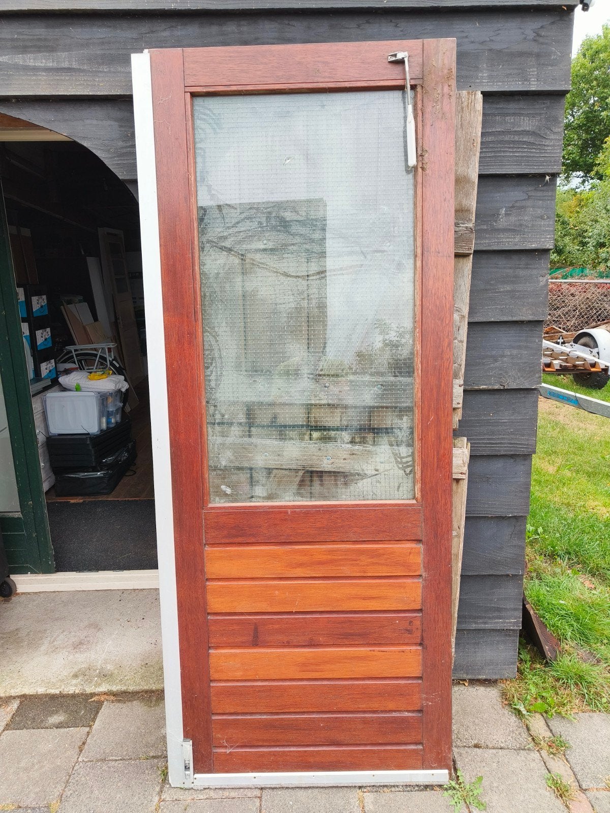 Hardhouten buitendeur met glas, 211,5 x 81,5 cm, Ophalen, Gebruikt, 80 tot 100 cm, Buitendeur
