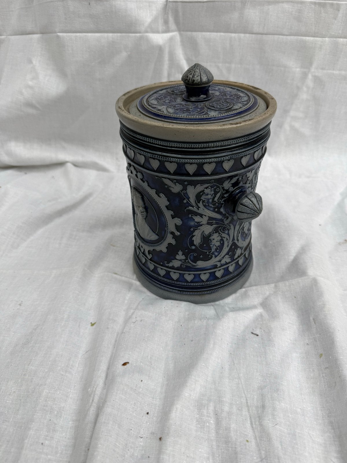 Antieke Duitse steengoed pot met deksel - Blauw/Grijs, Antiek en Kunst, Antiek | Keramiek en Aardewerk, Ophalen of Verzenden