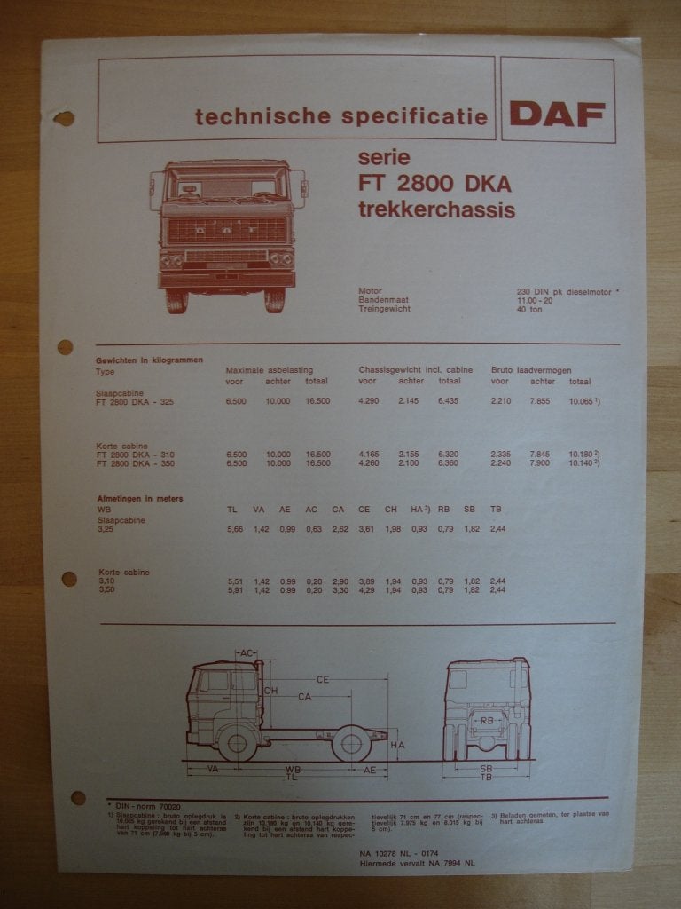 DAF FT 2800 DKA Technische Specificatie folder 1974 – 4x2, Ophalen of Verzenden, Zo goed als nieuw, Overige merken, DAF
