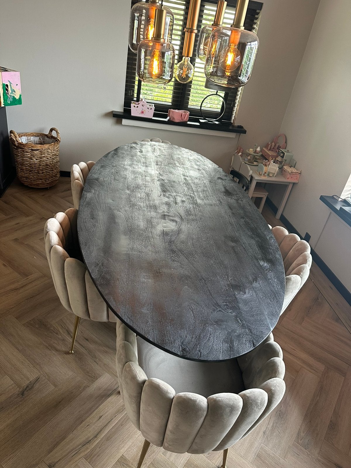 Ovale industriële eettafel 241 cm massief hout, Ophalen, 100 tot 150 cm, Eikenhout, 200 cm of meer