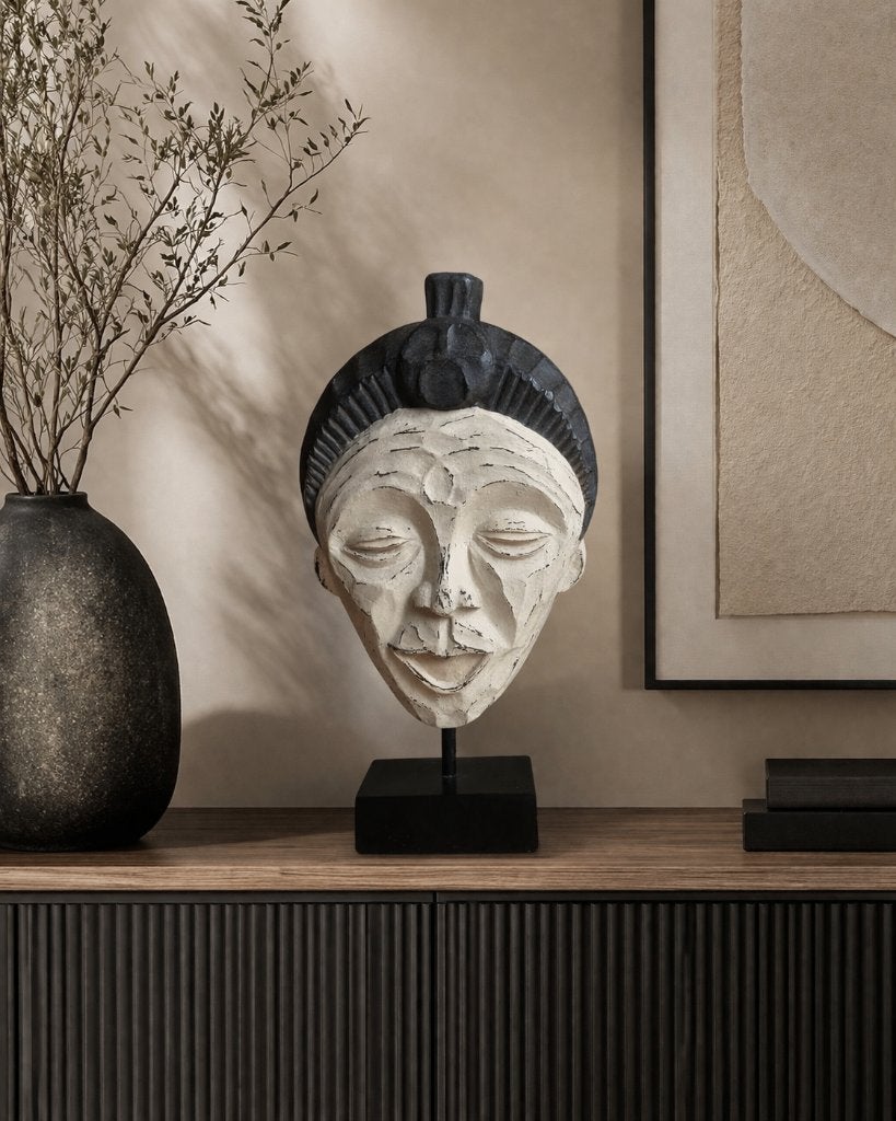 Houten decoratiemasker crème zwart – Hartog Wonen – boho, Hout, Beige, Boho, Ophalen of Verzenden